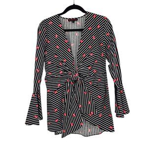 Artsy Red Lip Print Wrap Topper Blouse S Tie Front Black Striped‎ Bell Sleeve